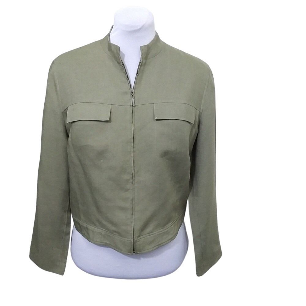 Tahari Womens Olive Green Linen Blend Zip Front Mock Neck Utility Jacket Size 10